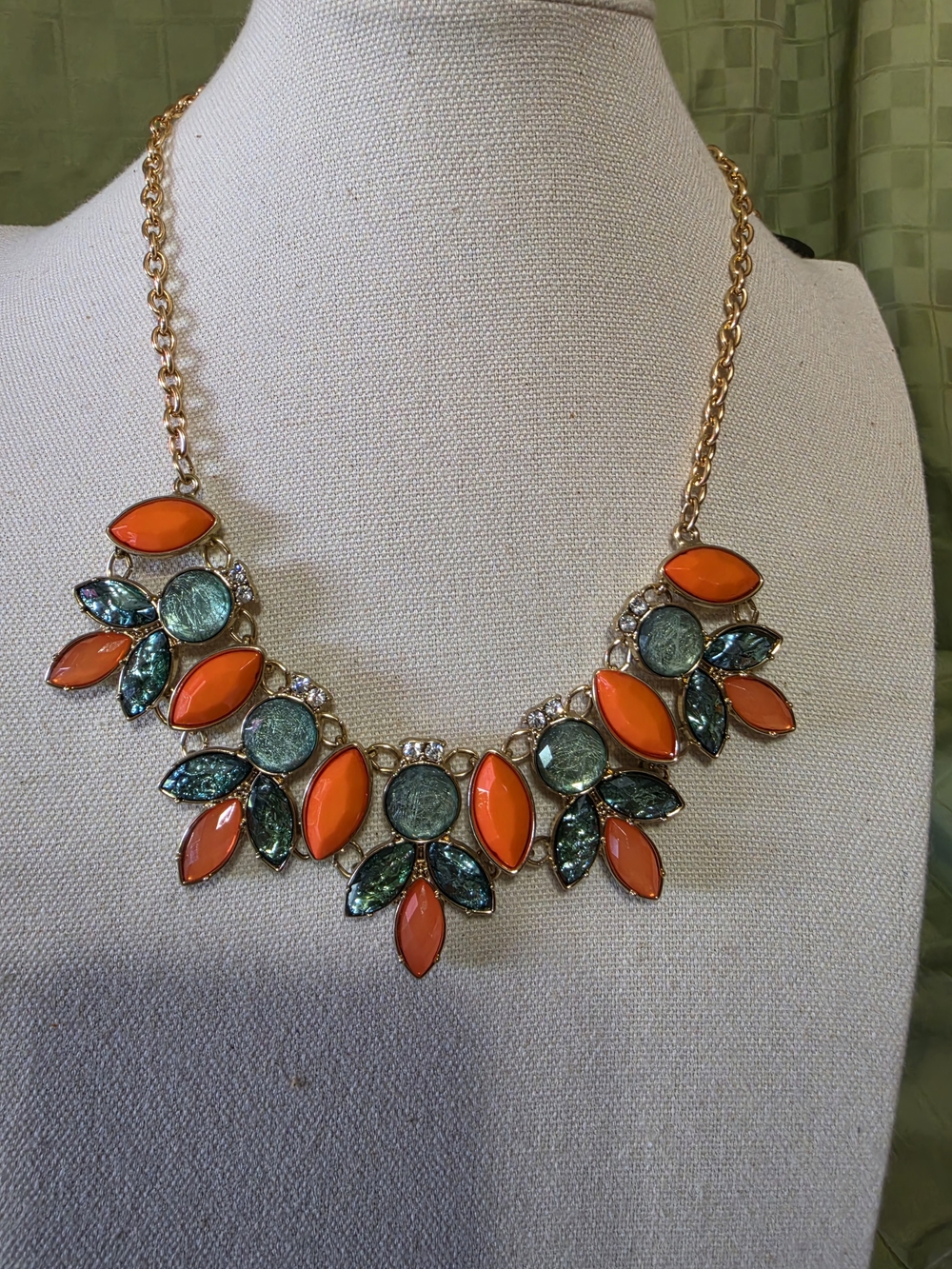 #1115 Macy's Orange and Teal Crystal Bib  Statement Necklace